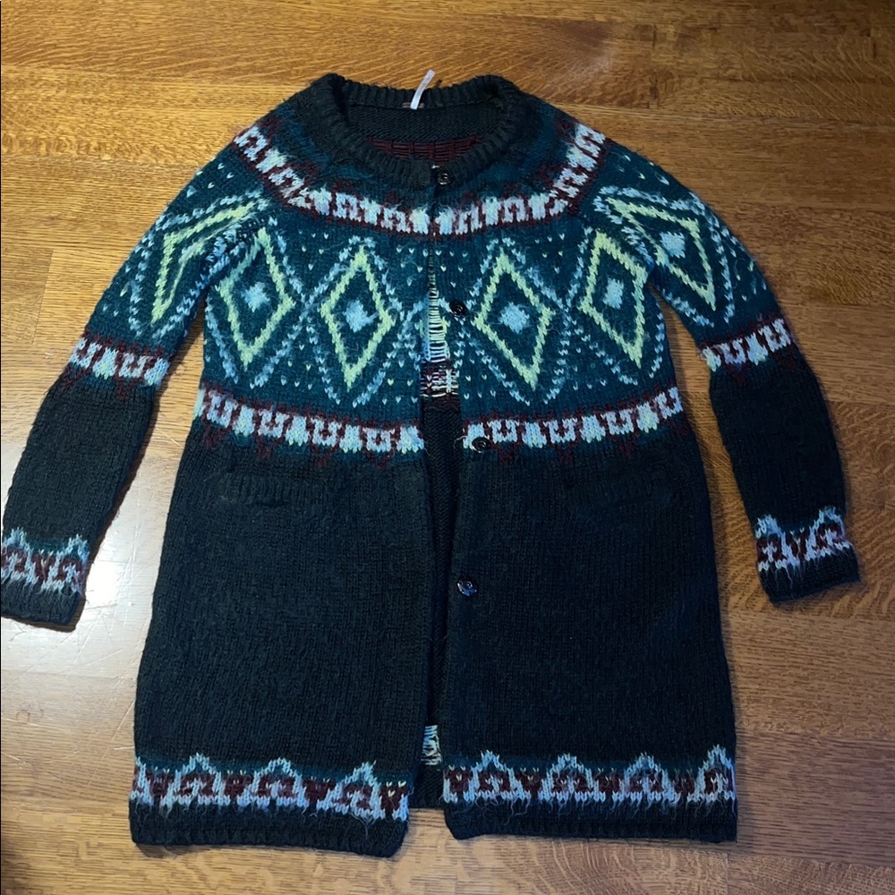 Free People Frosted Fairisle Patterned Wool Blend Long Cardigan Sz Small